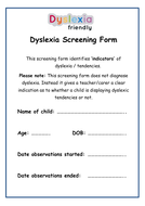 Dyslexia Screening Form | Teaching Resources