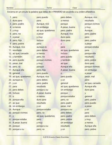 Linking Words And Connectors Alphabetical Order Ii Spanish Worksheet Teaching Resources