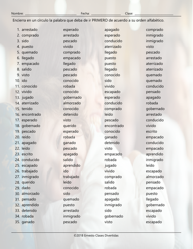 Past Perfect Tense Alphabetical Order II Spanish Worksheet | Teaching ...