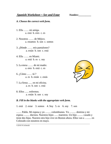 Spanish Worksheet on Ser and Estar: Multiple Choice