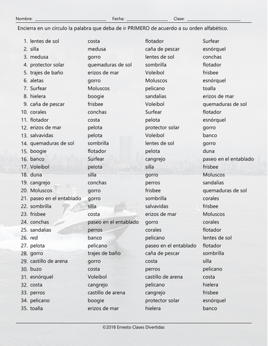 Beach Things and Activities Alphabetical Order II Spanish Worksheet ...