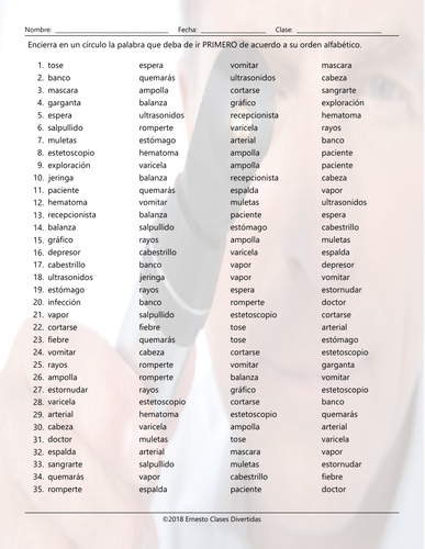 doctors illnesses and injuries alphabetical order ii spanish