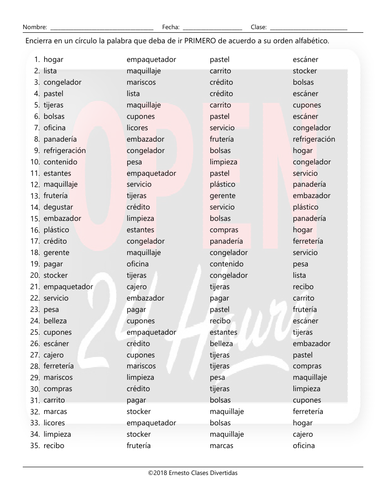 Grocery Shopping Alphabetical Order II Spanish Worksheet | Teaching ...