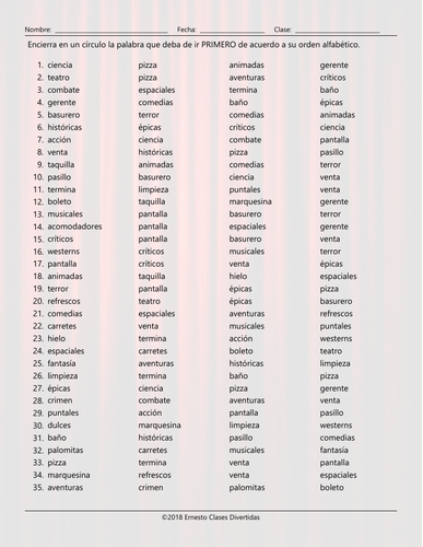 Movie Things and Genres Alphabetical Order II Spanish Worksheet ...