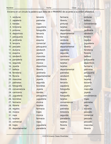 stores and shops alphabetical order ii spanish worksheet teaching