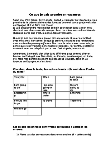 KS3 - French - Holidays - Allez 1 7.2 ce que je vais prendre en vacances (reading + questions)