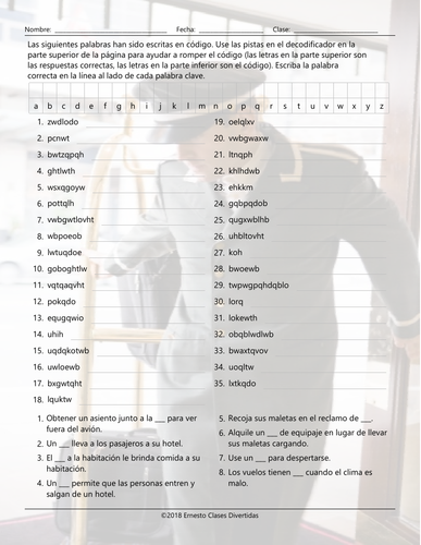 Airports and Hotels Decoder Box Spanish Worksheet | Teaching Resources