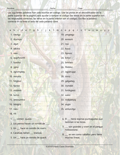 Animals Decoder Box Spanish Worksheet | Teaching Resources