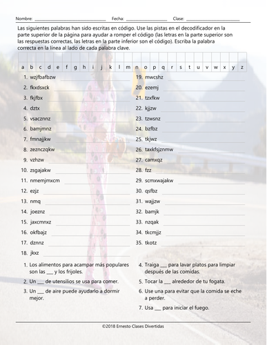 Camping Things and Activities Decoder Box Spanish Worksheet | Teaching ...