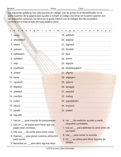 Kitchen Cookware and Utensils Decoder Box Spanish Worksheet | Teaching ...