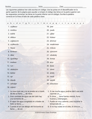 Seasons and Weather Decoder Box Spanish Worksheet | Teaching Resources