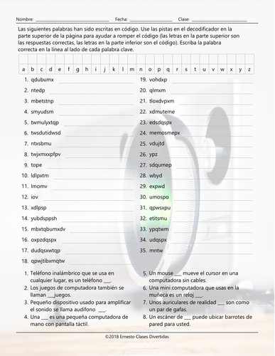 Technology and Gadgets Decoder Box Spanish Worksheet | Teaching Resources