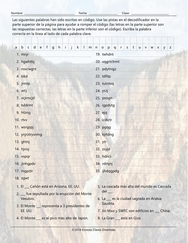 Tourist Attractions Around The World Decoder Box Spanish Worksheet ...