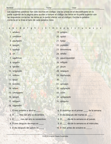 Weekdays, Months, and Dates Decoder Box Spanish Worksheet | Teaching ...