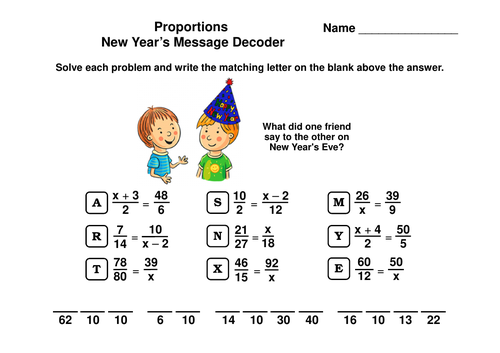 Solving Proportions New Year's Math Activity: Message Decoder ...
