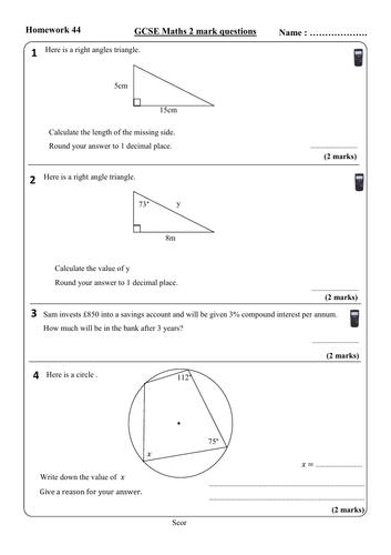 gcse maths homework sheets