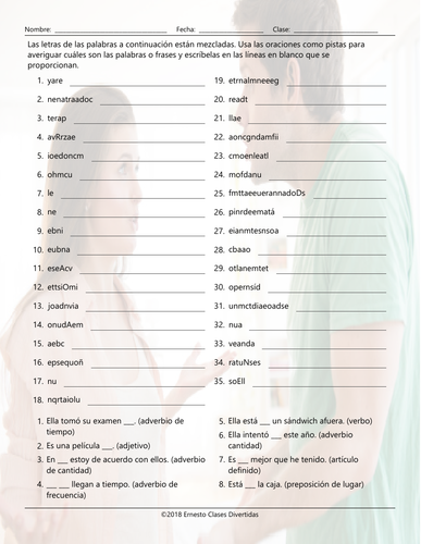 Parts of Speech Jumbled Words Spanish Worksheet | Teaching Resources