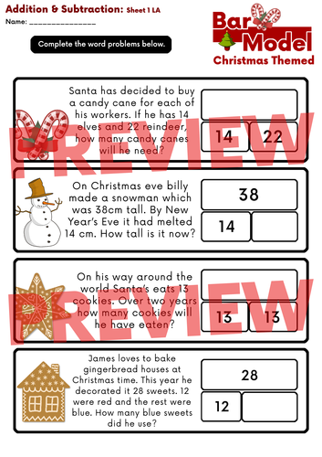 Christmas Addition and Subtraction Bar Model Word Problems - Years 1 ...