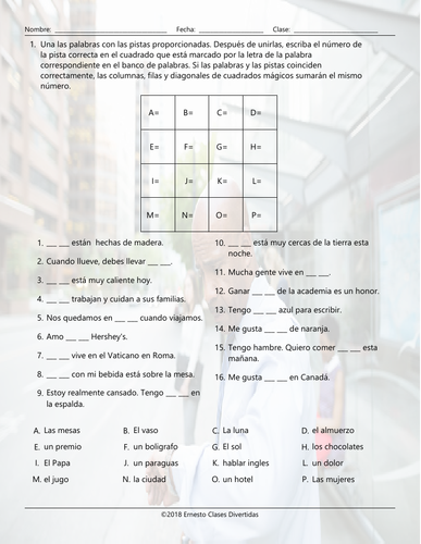Articles Magic Square Spanish Worksheet | Teaching Resources