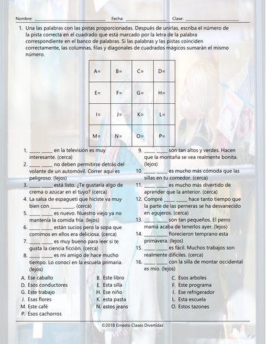 Demonstrative Adjectives Magic Square Spanish Worksheet | Teaching ...
