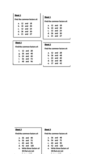 identify common factors - worksheets and challenges - Y5 and Y6