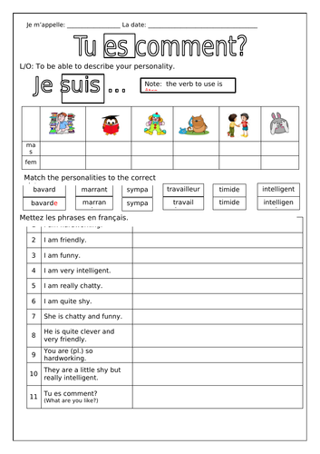 FRENCH - PERSONALITIES KS2 - WORKSHEETS