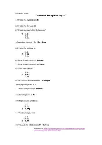 Elements and symbols quiz | Teaching Resources