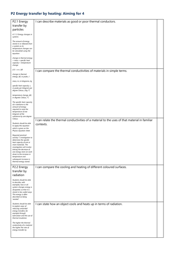 P2 Energy transfer by heating Grade 4 Checklist AQA Physics GCSE