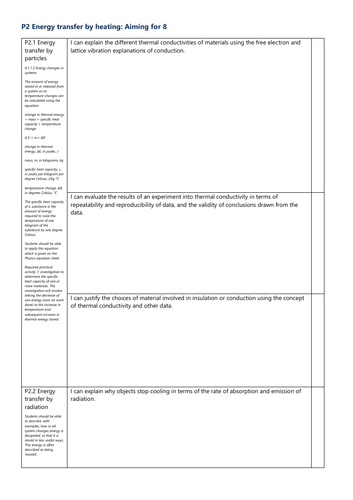 P2 Energy transfer by heating Grade 8 Checklist AQA Physics GCSE