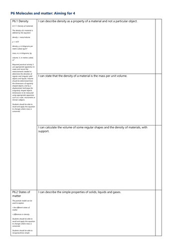 P6 Molecules and matter Grade 4 Checklist AQA Physics GCSE