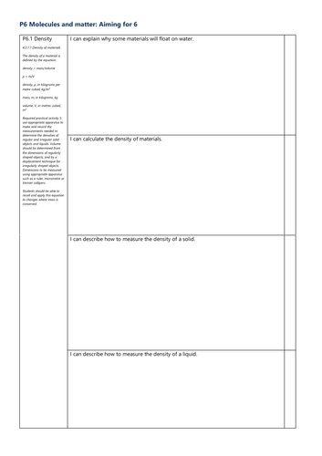 P6 Molecules and matter Grade 6 Checklist AQA Physics GCSE