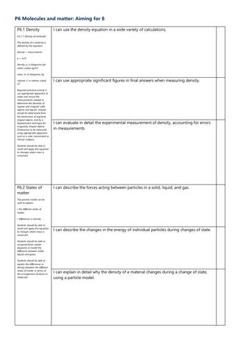 P6 Molecules and matter Grade 8 Checklist AQA Physics GCSE