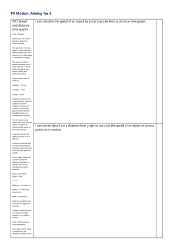 P9 Motion Grade 8 Checklist AQA Physics GCSE