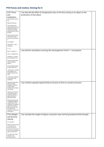 P10 Forces and motion Grade 6 Checklist AQA Physics GCSE