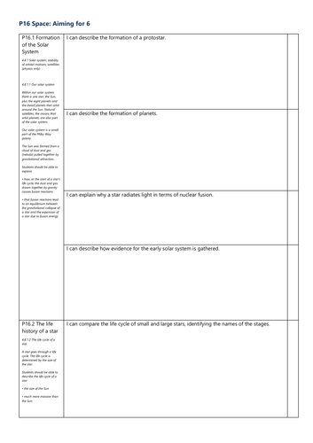 P16 Space Grade 6 Checklist AQA Physics GCSE