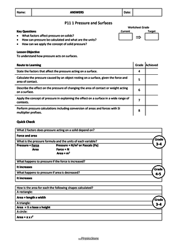 KS4 GCSE Physics AQA P11 Force and Pressure Topic - 4 Worksheets and 4 ...