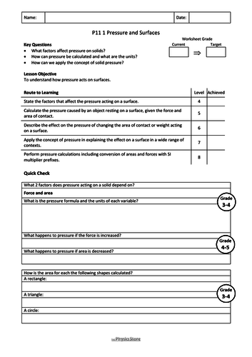 KS4 GCSE Physics AQA P11 Force and Pressure Topic - 4 Worksheets and 4 ...