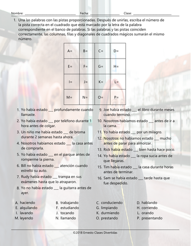 Past Perfect Continuous Tense Magic Square Spanish Worksheet | Teaching ...