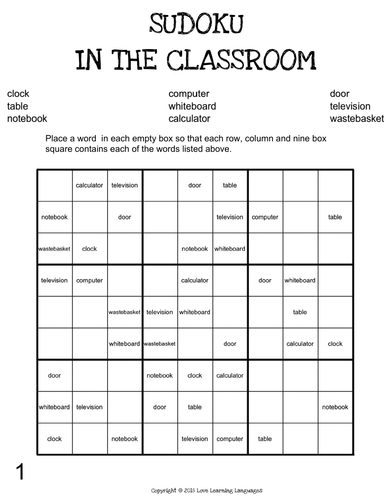 Classroom Objects English Sudoku Teaching Resources