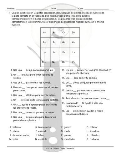 Kitchen Cookware and Utensils Magic Square Spanish Worksheet | Teaching ...