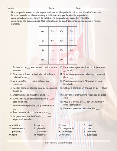 Places and Buildings Magic Square Spanish Worksheet | Teaching Resources