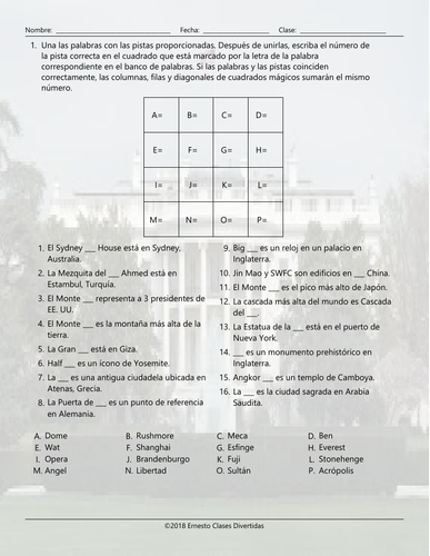 Tourist Attractions Around The World Magic Square Spanish Worksheet ...