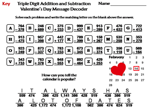 Triple Digit Addition and Subtraction Valentine's Day Math: Message ...