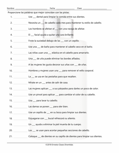 Health and Personal Hygiene Matching Spanish Worksheet | Teaching Resources