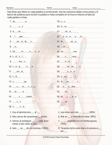 Frequency Adverbs Missing Letters Spanish Worksheet | Teaching Resources