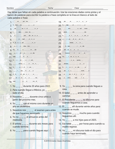 Future Perfect Continuous Tense Missing Letters Spanish Worksheet ...