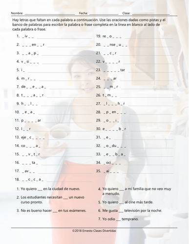 Infinitives Missing Letters Spanish Worksheet | Teaching Resources