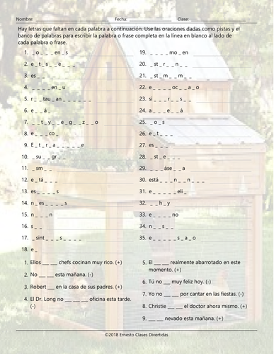 Present Simple with Verbs Ser and Estar Missing Letters Spanish ...
