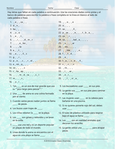 Beach Things and Activities Missing Letters Spanish Worksheet ...