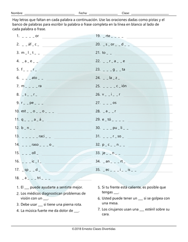 Doctor's, Illnesses, and Injuries Missing Letters Spanish Worksheet ...
